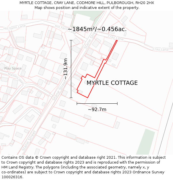 MYRTLE COTTAGE, CRAY LANE, CODMORE HILL, PULBOROUGH, RH20 2HX: Plot and title map