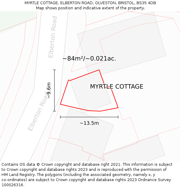 MYRTLE COTTAGE, ELBERTON ROAD, OLVESTON, BRISTOL, BS35 4DB: Plot and title map