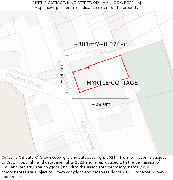 MYRTLE COTTAGE, KING STREET, ODIHAM, HOOK, RG29 1NJ: Plot and title map