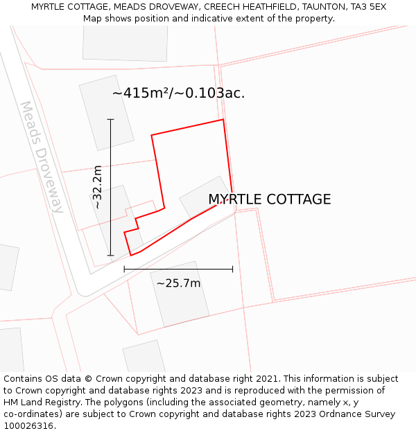 MYRTLE COTTAGE, MEADS DROVEWAY, CREECH HEATHFIELD, TAUNTON, TA3 5EX: Plot and title map