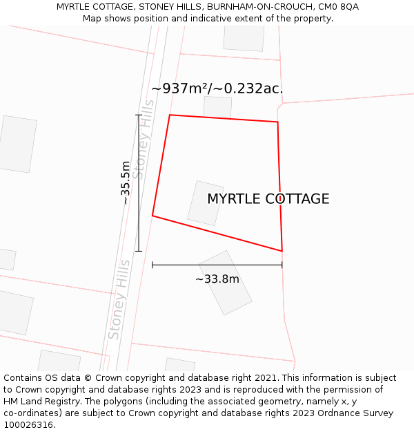 MYRTLE COTTAGE, STONEY HILLS, BURNHAM-ON-CROUCH, CM0 8QA: Plot and title map