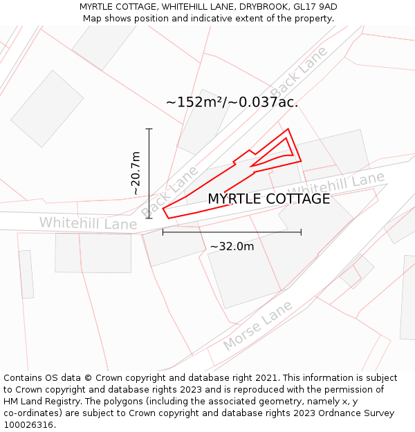 MYRTLE COTTAGE, WHITEHILL LANE, DRYBROOK, GL17 9AD: Plot and title map