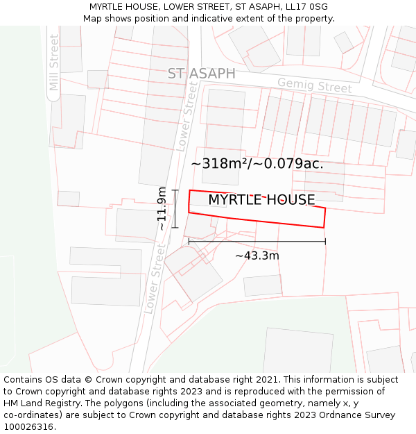 MYRTLE HOUSE, LOWER STREET, ST ASAPH, LL17 0SG: Plot and title map