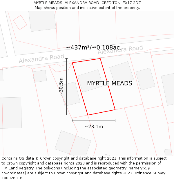MYRTLE MEADS, ALEXANDRA ROAD, CREDITON, EX17 2DZ: Plot and title map