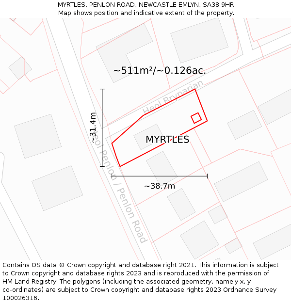 MYRTLES, PENLON ROAD, NEWCASTLE EMLYN, SA38 9HR: Plot and title map