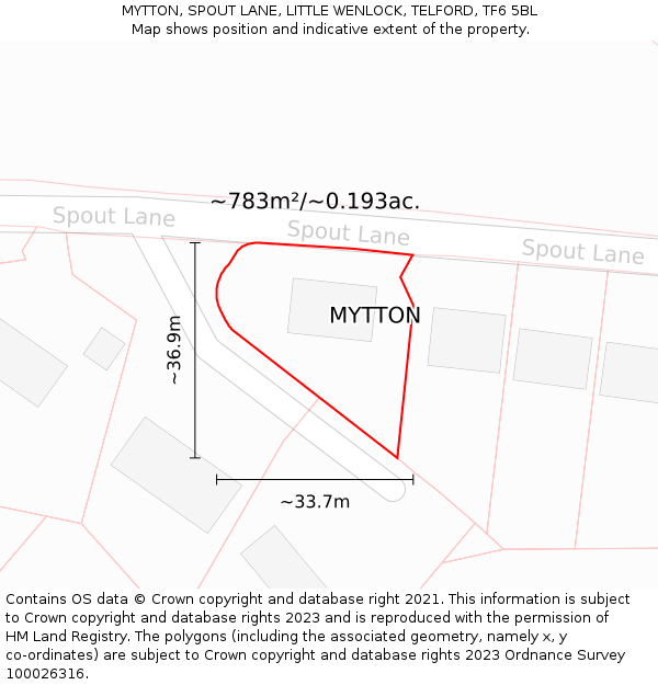 MYTTON, SPOUT LANE, LITTLE WENLOCK, TELFORD, TF6 5BL: Plot and title map