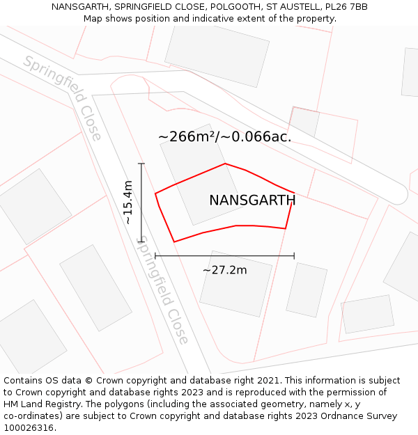 NANSGARTH, SPRINGFIELD CLOSE, POLGOOTH, ST AUSTELL, PL26 7BB: Plot and title map