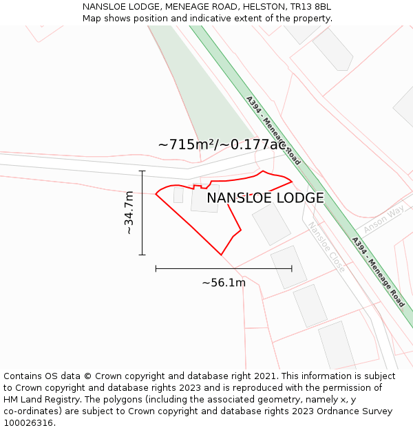 NANSLOE LODGE, MENEAGE ROAD, HELSTON, TR13 8BL: Plot and title map