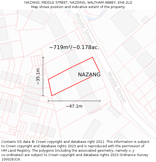 NAZANG, MIDDLE STREET, NAZEING, WALTHAM ABBEY, EN9 2LQ: Plot and title map