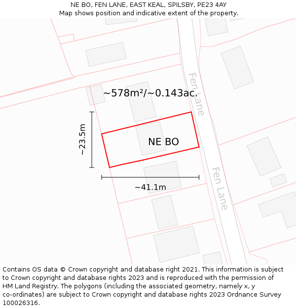 NE BO, FEN LANE, EAST KEAL, SPILSBY, PE23 4AY: Plot and title map