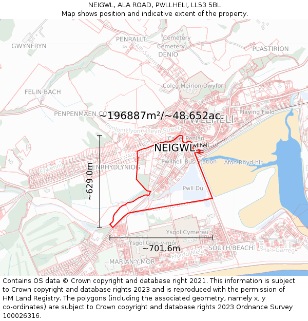 NEIGWL, ALA ROAD, PWLLHELI, LL53 5BL: Plot and title map