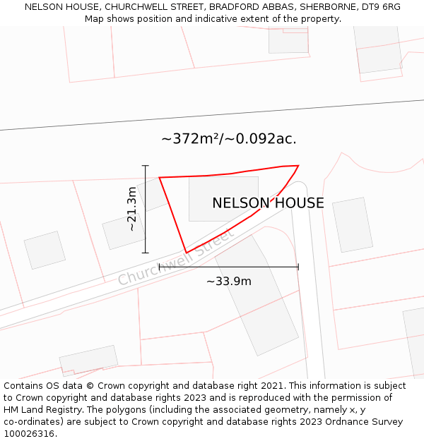 NELSON HOUSE, CHURCHWELL STREET, BRADFORD ABBAS, SHERBORNE, DT9 6RG: Plot and title map