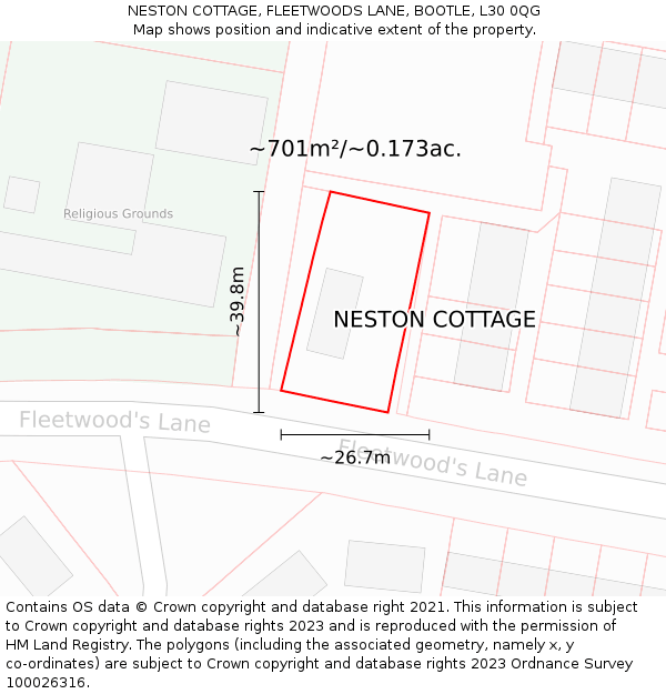 NESTON COTTAGE, FLEETWOODS LANE, BOOTLE, L30 0QG: Plot and title map