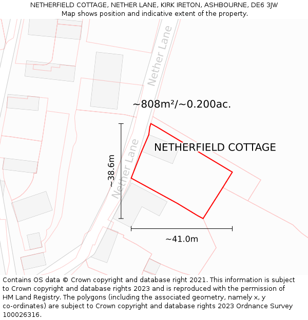 NETHERFIELD COTTAGE, NETHER LANE, KIRK IRETON, ASHBOURNE, DE6 3JW: Plot and title map