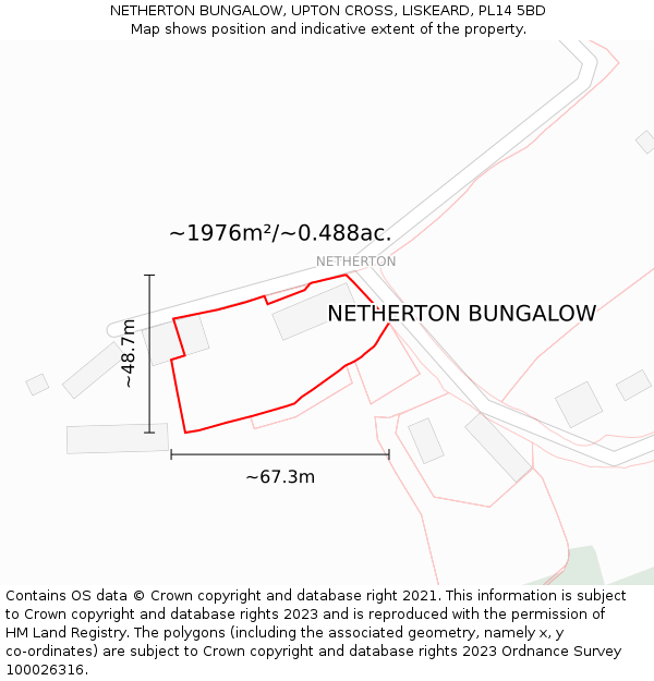 NETHERTON BUNGALOW, UPTON CROSS, LISKEARD, PL14 5BD: Plot and title map