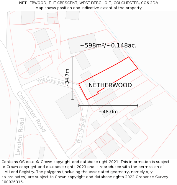 NETHERWOOD, THE CRESCENT, WEST BERGHOLT, COLCHESTER, CO6 3DA: Plot and title map