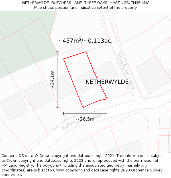 NETHERWYLDE, BUTCHERS LANE, THREE OAKS, HASTINGS, TN35 4NG: Plot and title map