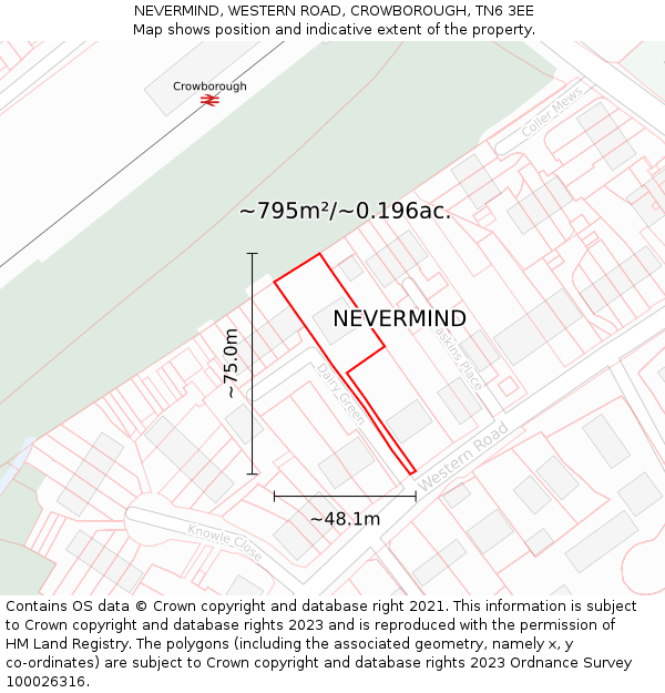 NEVERMIND, WESTERN ROAD, CROWBOROUGH, TN6 3EE: Plot and title map