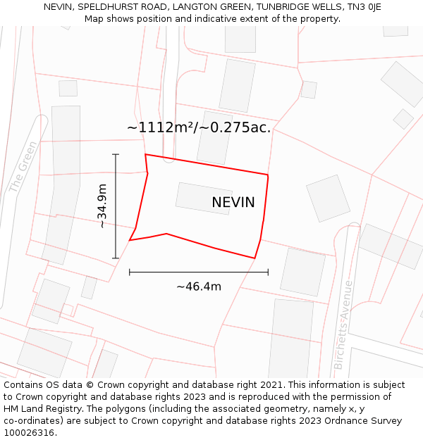 NEVIN, SPELDHURST ROAD, LANGTON GREEN, TUNBRIDGE WELLS, TN3 0JE: Plot and title map