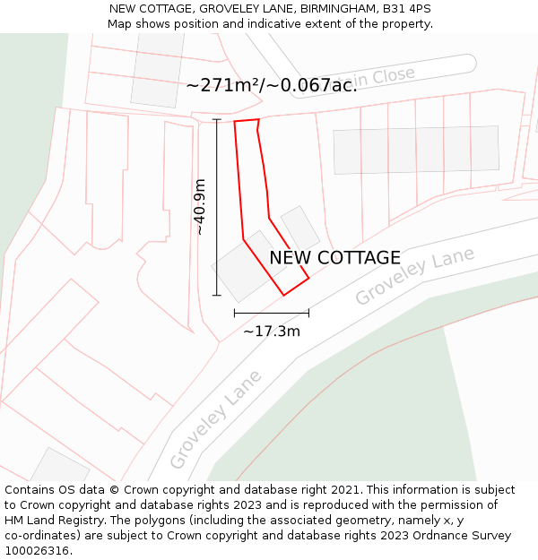 NEW COTTAGE, GROVELEY LANE, BIRMINGHAM, B31 4PS: Plot and title map