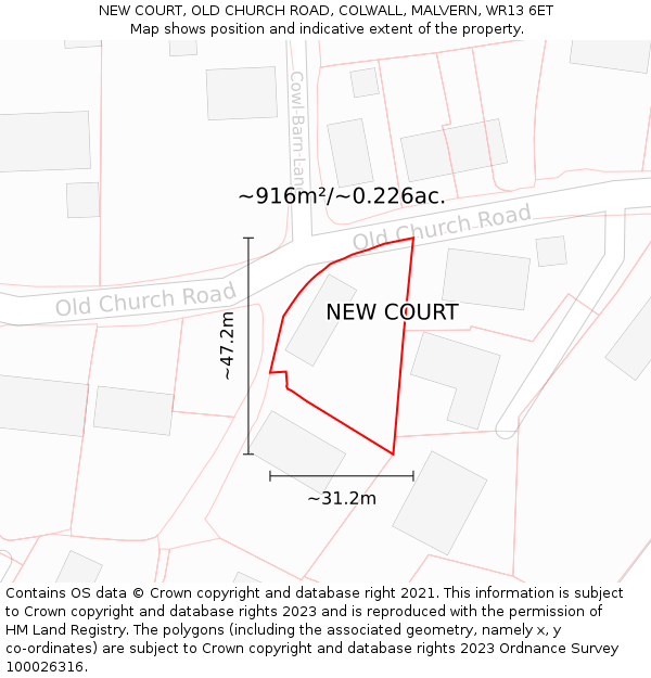 NEW COURT, OLD CHURCH ROAD, COLWALL, MALVERN, WR13 6ET: Plot and title map