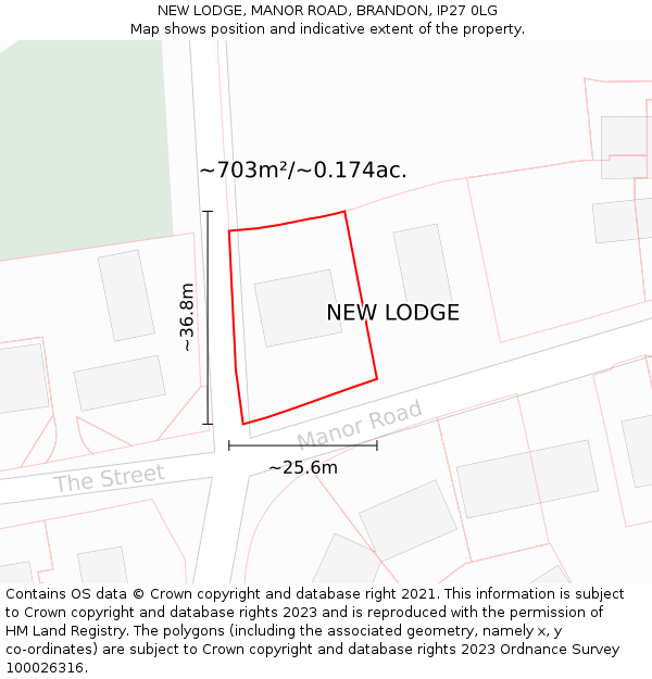 NEW LODGE, MANOR ROAD, BRANDON, IP27 0LG: Plot and title map