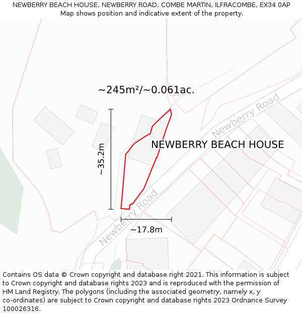 NEWBERRY BEACH HOUSE, NEWBERRY ROAD, COMBE MARTIN, ILFRACOMBE, EX34 0AP: Plot and title map