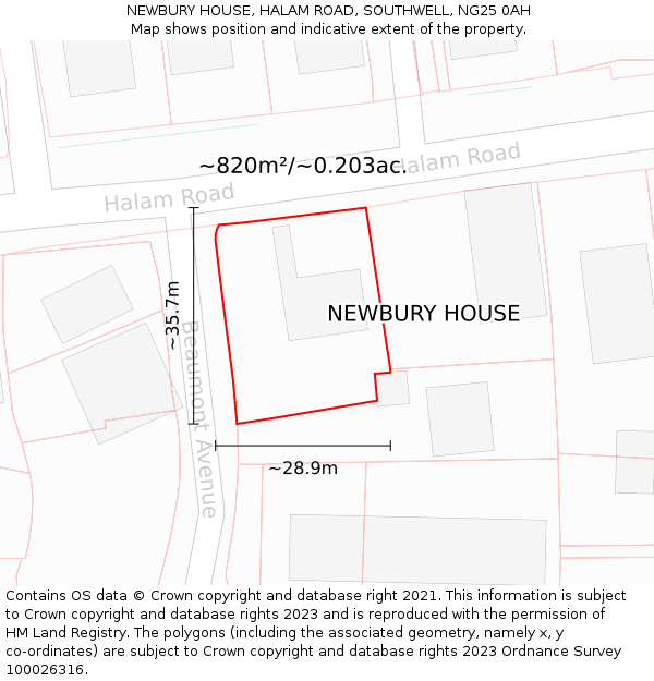 NEWBURY HOUSE, HALAM ROAD, SOUTHWELL, NG25 0AH: Plot and title map
