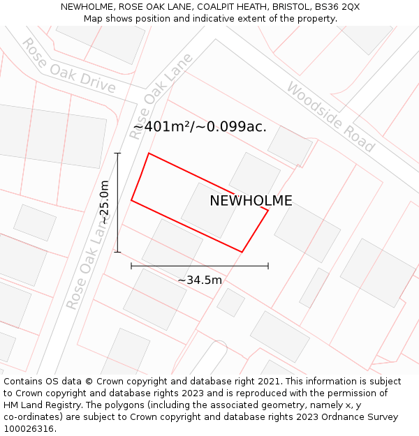 NEWHOLME, ROSE OAK LANE, COALPIT HEATH, BRISTOL, BS36 2QX: Plot and title map