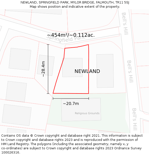 NEWLAND, SPRINGFIELD PARK, MYLOR BRIDGE, FALMOUTH, TR11 5SJ: Plot and title map