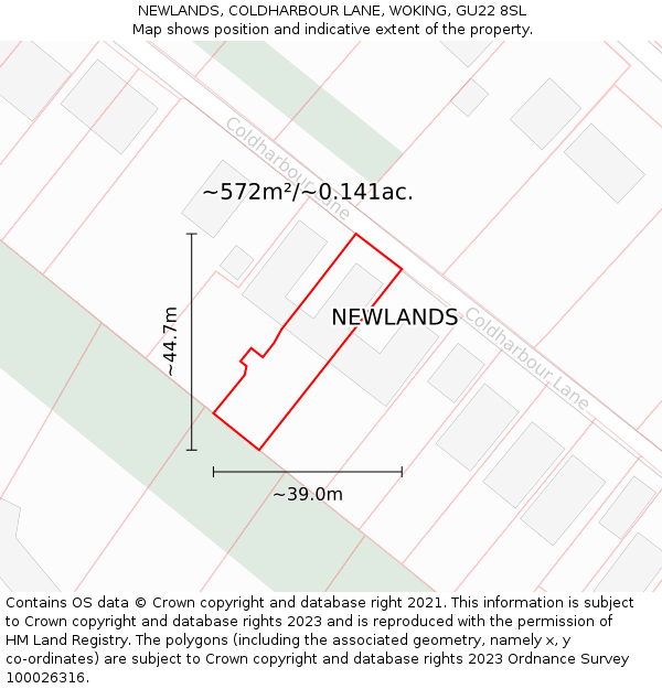 NEWLANDS, COLDHARBOUR LANE, WOKING, GU22 8SL: Plot and title map