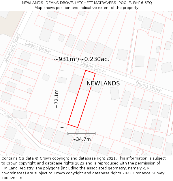 NEWLANDS, DEANS DROVE, LYTCHETT MATRAVERS, POOLE, BH16 6EQ: Plot and title map