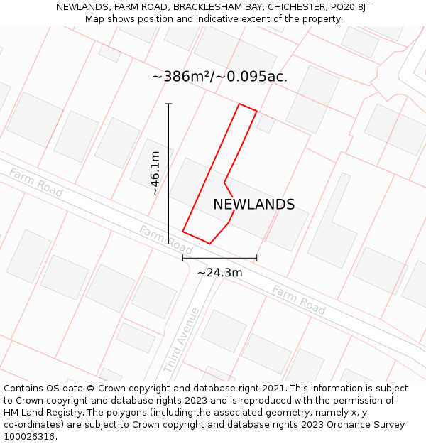 NEWLANDS, FARM ROAD, BRACKLESHAM BAY, CHICHESTER, PO20 8JT: Plot and title map