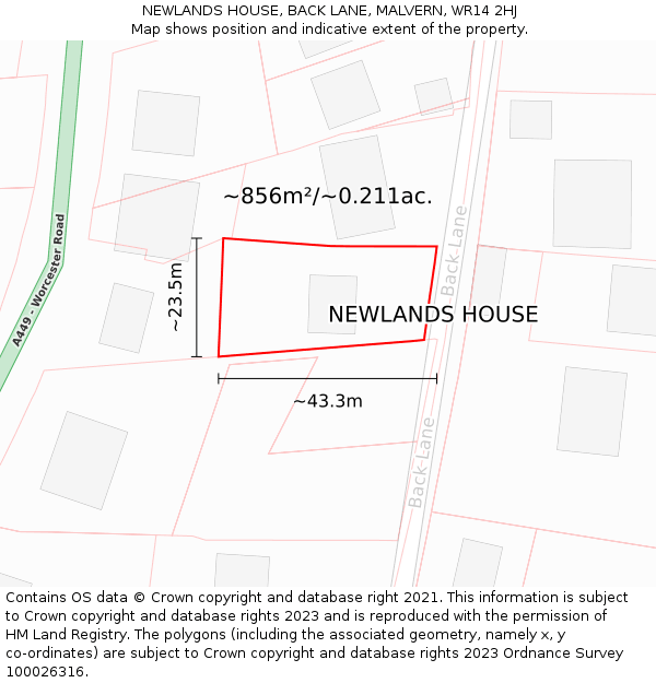 NEWLANDS HOUSE, BACK LANE, MALVERN, WR14 2HJ: Plot and title map