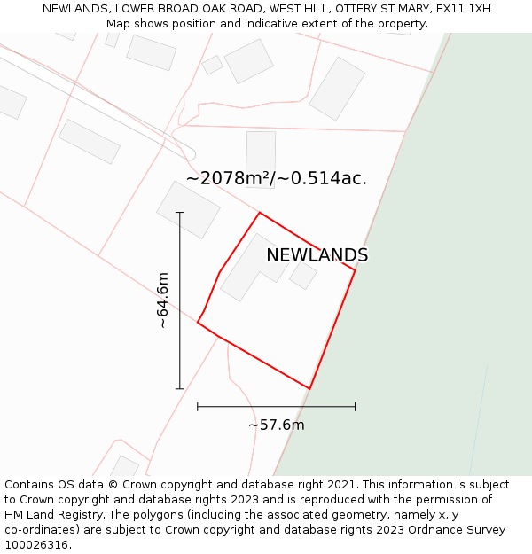 NEWLANDS, LOWER BROAD OAK ROAD, WEST HILL, OTTERY ST MARY, EX11 1XH: Plot and title map
