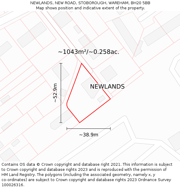 NEWLANDS, NEW ROAD, STOBOROUGH, WAREHAM, BH20 5BB: Plot and title map