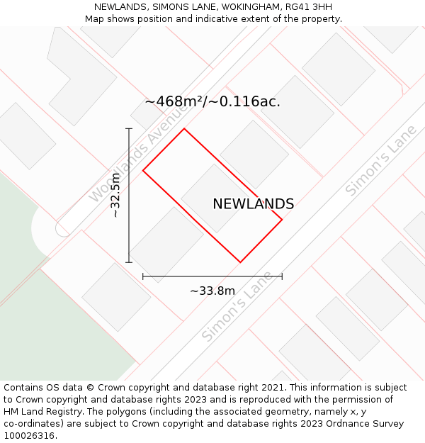 NEWLANDS, SIMONS LANE, WOKINGHAM, RG41 3HH: Plot and title map