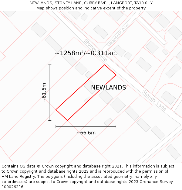 NEWLANDS, STONEY LANE, CURRY RIVEL, LANGPORT, TA10 0HY: Plot and title map