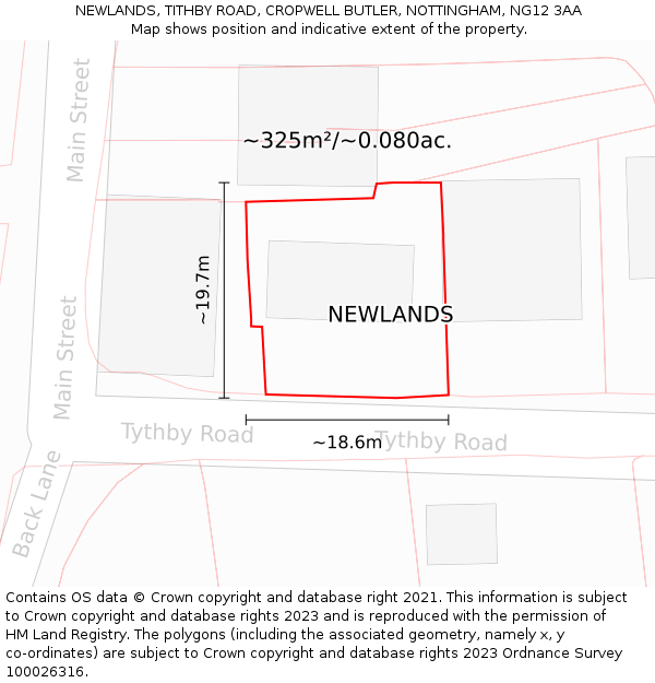 NEWLANDS, TITHBY ROAD, CROPWELL BUTLER, NOTTINGHAM, NG12 3AA: Plot and title map