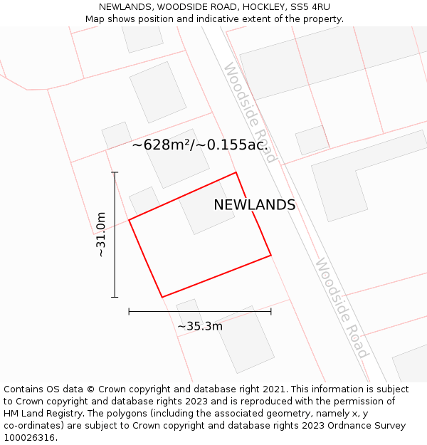 NEWLANDS, WOODSIDE ROAD, HOCKLEY, SS5 4RU: Plot and title map