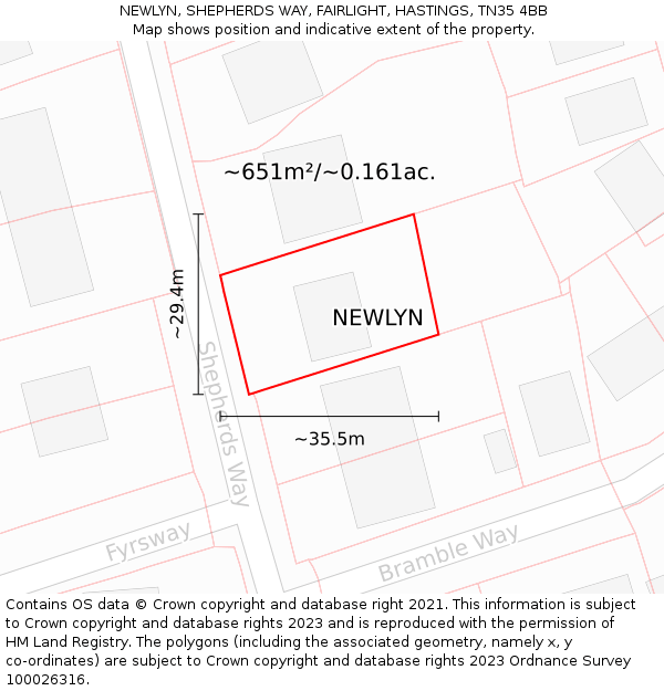 NEWLYN, SHEPHERDS WAY, FAIRLIGHT, HASTINGS, TN35 4BB: Plot and title map