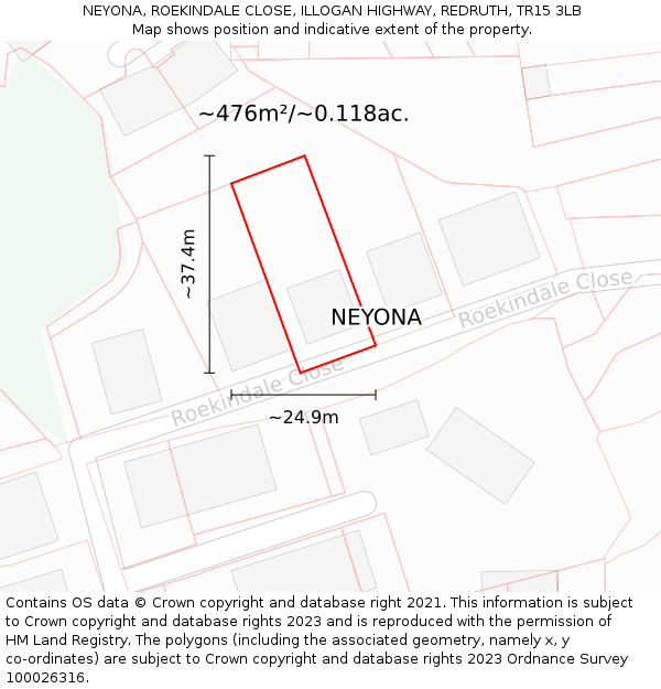 NEYONA, ROEKINDALE CLOSE, ILLOGAN HIGHWAY, REDRUTH, TR15 3LB: Plot and title map