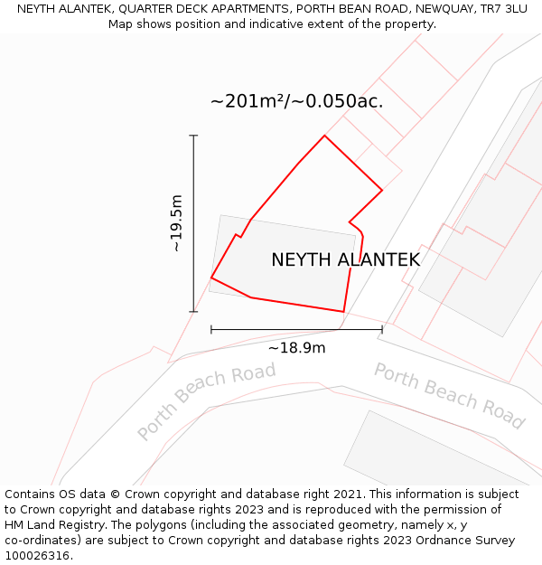 NEYTH ALANTEK, QUARTER DECK APARTMENTS, PORTH BEAN ROAD, NEWQUAY, TR7 3LU: Plot and title map