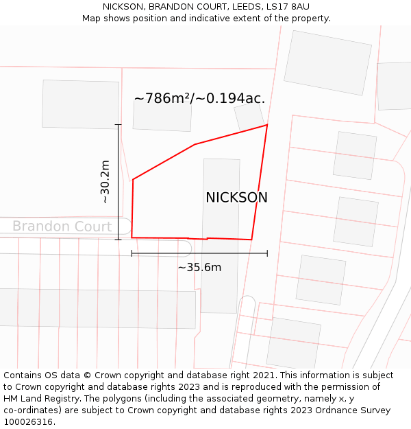 NICKSON, BRANDON COURT, LEEDS, LS17 8AU: Plot and title map