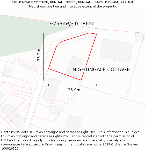 NIGHTINGALE COTTAGE, BENHALL GREEN, BENHALL, SAXMUNDHAM, IP17 1HT: Plot and title map