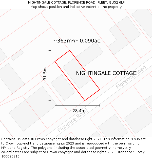 NIGHTINGALE COTTAGE, FLORENCE ROAD, FLEET, GU52 6LF: Plot and title map