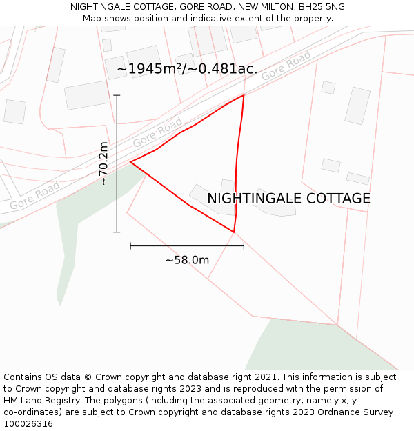NIGHTINGALE COTTAGE, GORE ROAD, NEW MILTON, BH25 5NG: Plot and title map