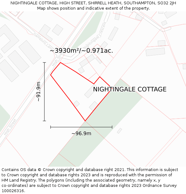 NIGHTINGALE COTTAGE, HIGH STREET, SHIRRELL HEATH, SOUTHAMPTON, SO32 2JH: Plot and title map
