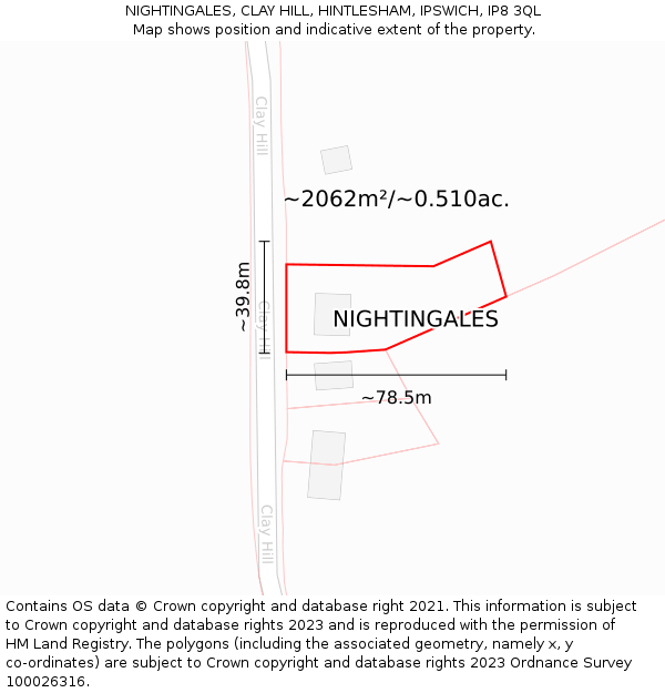 NIGHTINGALES, CLAY HILL, HINTLESHAM, IPSWICH, IP8 3QL: Plot and title map