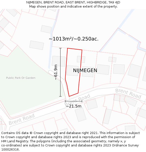 NIJMEGEN, BRENT ROAD, EAST BRENT, HIGHBRIDGE, TA9 4JD: Plot and title map